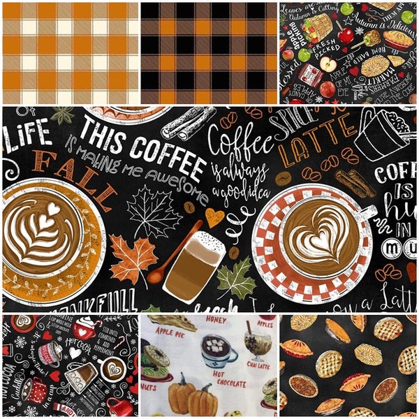 Seasonal Desserts and Drinks for Fall and Winter! Pumpkin Spice, Apple Cider, Apple Pie, Hot Chocolate, Chai Tea 100% Cotton Fabrics!