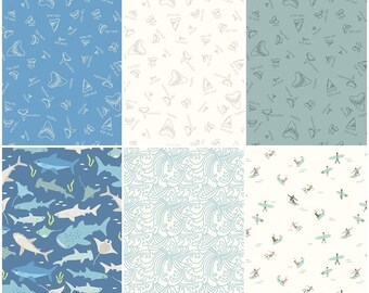 Riptide Surfs Up! Sharks, Shart Teeth, Surfers, Waves, Beach 100% Cotton Fabric! 6 Styles [Choose Your Cut Size]