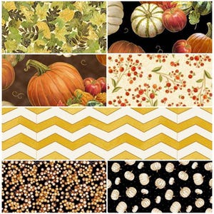 Autumn Sunset Forest Pumpkins, Gourds, Rustic Fall Leaves, Berry Sprigs, & Gingham Plaid 100% Cotton Fabric by QT! 7 Styles