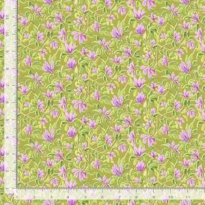 Puede incluir: Un patr&oacute;n de tejido sin costuras con un dise&ntilde;o repetitivo de flores de magnolia rosas y blancas sobre un fondo verde claro.