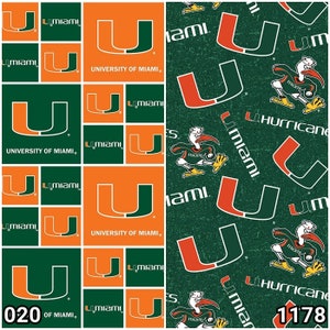 May include: Two fabric patterns featuring the University of Miami Hurricanes logo. One pattern has the orange and green "U" logo on a white and green background. The other has the logo and mascot on a green background. The text "University of Miami" and "Miami" are also visible.