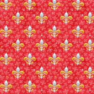 K&ouml;nnte beinhalten: Ein sich wiederholendes Muster aus goldenen, silbernen und wei&szlig;en Fleur-de-Lis-Symbolen auf rotem Hintergrund. Das Design umfasst kleine Sterne und florale Elemente, die einen festlichen und dekorativen Look erzeugen.