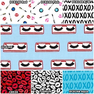 Glam Girls Pout, Kiss, Lips, Makeup, Lipstick, Mascara, Compact Mirrors, XOXO, Lashes 100% Cotton Fabrics for Quilting! 7 Styles