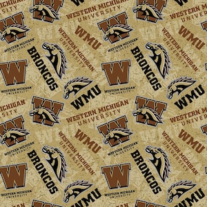 May include: Fabric with a repeating pattern featuring the Western Michigan University Broncos logo. The design includes the letters "W" and "WMU", the word "BRONCOS", and a horse head logo in brown and black on a tan background.