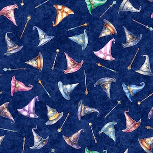May include: A seamless pattern featuring a variety of colorful wizard hats and wands on a dark blue background. The hats are in various styles and colors, including red, blue, green, pink, and purple. The wands are gold and have a star at the end.