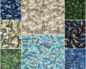 Savage Kingdom Dinosaurs Species, Fossils, Bones, Tracks,  100% Cotton Fabrics by QT! 13 Styles