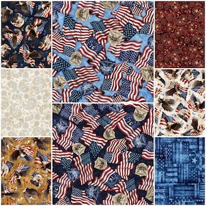 American 1776 Flags, Eagles, Red White Blue, Patchwork, Paisley Stars 100% Cotton Fabric