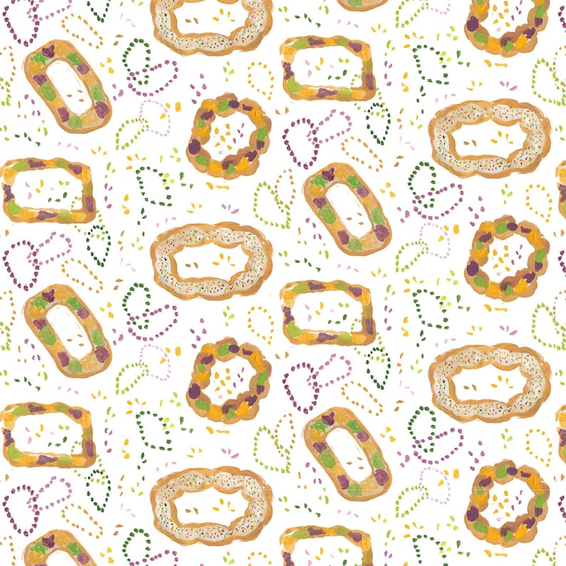 Carnaval de Mardi Gras, Martes de Carnaval, Nueva Orleans, cuentas, plumas, lentejuelas, Nola, confeti. ¡Telas 100 % algodón! 12 estilos. 1730 KING CAKE