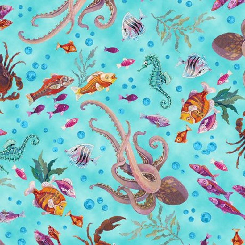 Octopus, Squid, Deep Ocean, Aquatic Animals 100% Cotton Fabric 3 Styles 28678-Q TURQ