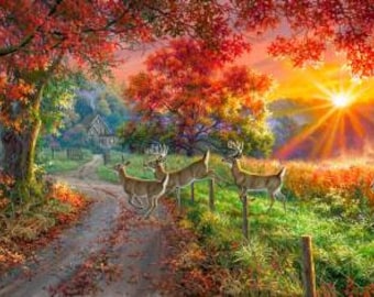 Autumn Country Whitetail Deer Running Through the Farmland #20731 100% Cotton Fabric 24" Panels by 3 Wishes!