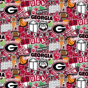 NCAA University of Georgia Bulldogs Red & Black College Logo, 100% Cotton Fabric by Sykel! 11 Styles