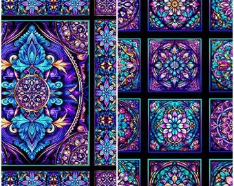 Pannelli in tessuto 100% cotone con motivo vetrata artistica da chiesa Royale Reflections! 2 modelli disponibili.