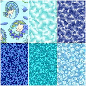 Aqua & Navy Seashell Mystique Paisley, Shells, Bubbles, and Scroll 100% Cotton Fabric by QT! 6 Styles
