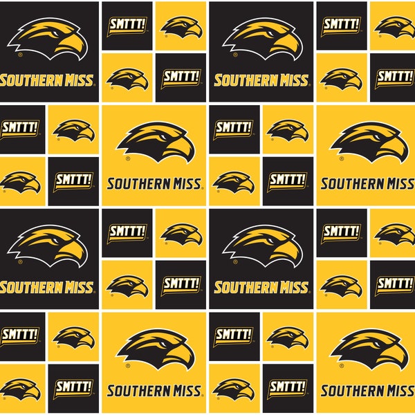 NCAA The University of Southern Mississippi Golden Eagles 020 Black & Gold Blocks College Logo 100% Cotton Fabric for Quilting by Sykel!