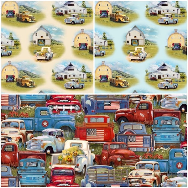 Old Country Vintage Trucks 100% Cotton Fabric by Elizabeth's Studio! 3 Styles!