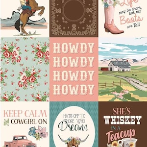 Peut inclure: Un collage de neuf images sur le thème du Far West. Les images incluent une cowgirl à cheval, des motifs floraux, le mot "Howdy", un camion rose, une ferme, une botte avec des fleurs, un longhorn et les phrases "Life may be short, but my Boots are Tall", "Keep Calm and Cowgirl On", et "She's Whiskey in a Teacup".