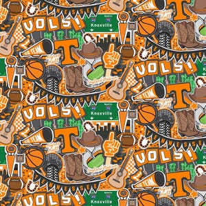 May include: A repeating pattern featuring orange and white elements on a gray background. The design includes basketballs, guitars, footballs, cowboy boots, and the word "VOLS". The theme is likely related to a sports team.