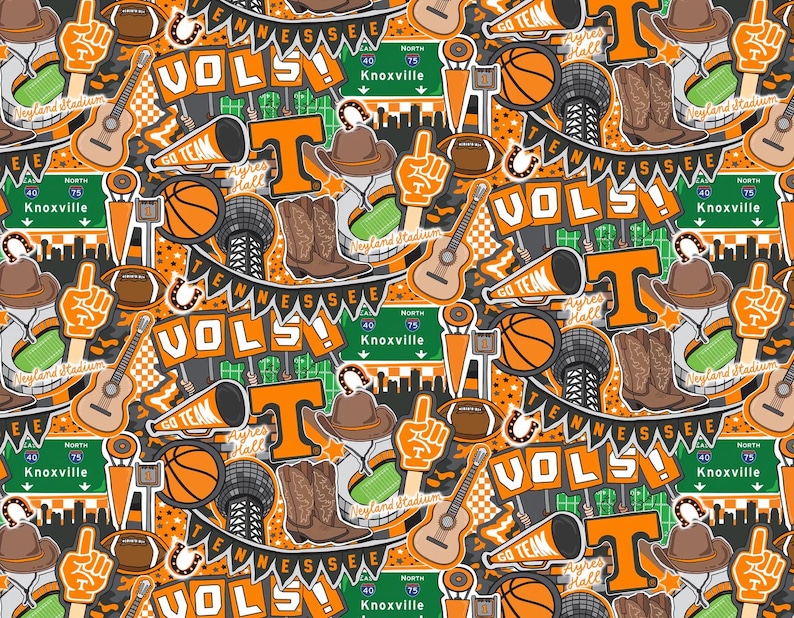 May include: A repeating pattern featuring orange and white elements on a gray background. The design includes basketballs, guitars, footballs, cowboy boots, and the word "VOLS". The theme is likely related to a sports team.