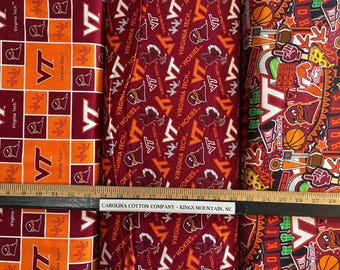 ¡Tela 100% algodón con el logo de la universidad Virginia Tech Hokies de la NCAA en naranja y granate! 5 estilos disponibles.
