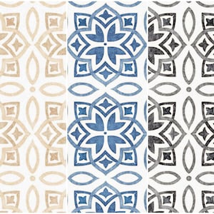 May include: Three patterned tile designs with a white background. The first tile is beige with a geometric pattern. The second tile is blue with a geometric pattern. The third tile is gray with a geometric pattern.