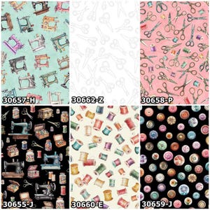 In Stitches Sewing Motifs, Machines, Bobbins, Scissors, Buttons 100% Cotton Fabric by QT! 6 Styles