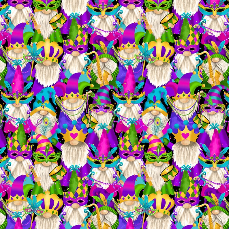 Mardi Gras Fat Tuesday Carnival New Orleans Beads, Feathers, Sequins, Nola, Confetti 100% Cotton Fabrics 8 Styles CD2633 GNOMES