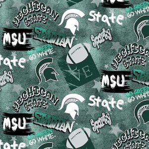 NCAA Michigan State Spartans Green & White College Logo 100% Cotton Fabrics for Quilting by Sykel 12 Styles 1235 GRAFFITI