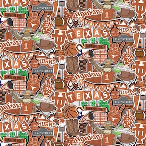 K&ouml;nnte beinhalten: Ein sich wiederholendes Muster mit Bildern der Texas Longhorns. Das Design umfasst Basketb&auml;lle, Cowboy-Stiefel, Fu&szlig;b&auml;lle, das Texas State Capitol und die Texte "TEXAS" und "HORNS" in Orange und Wei&szlig;. Der Hintergrund ist wei&szlig;.