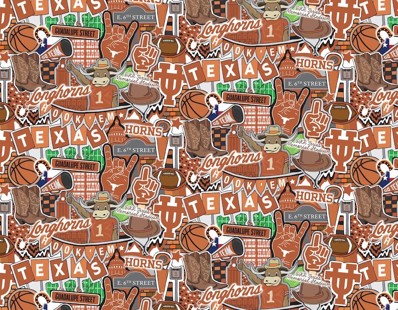 K&ouml;nnte beinhalten: Ein sich wiederholendes Muster mit Bildern der Texas Longhorns. Das Design umfasst Basketb&auml;lle, Cowboy-Stiefel, Fu&szlig;b&auml;lle, das Texas State Capitol und die Texte "TEXAS" und "HORNS" in Orange und Wei&szlig;. Der Hintergrund ist wei&szlig;.