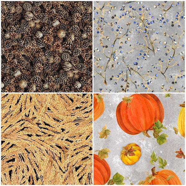 Fall Splendor Pumpkin Harvest, Berries, Wheat 100% Cotton Fabrics by QT ! 4 Styles