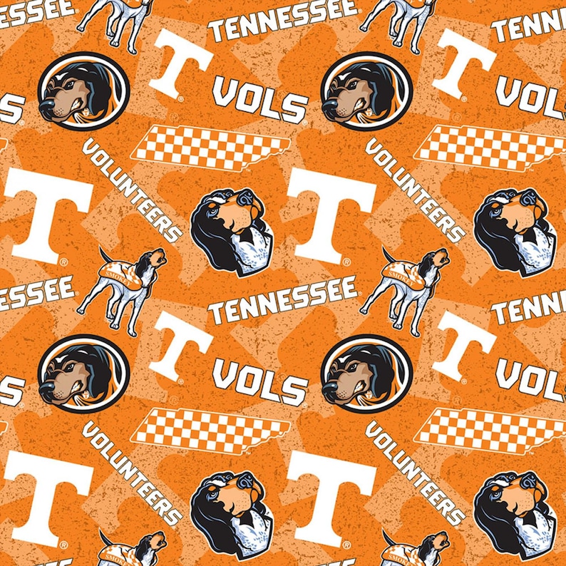 May include: Orange and white patterned fabric featuring the University of Tennessee Volunteers. The design includes the letter "T", the words "Tennessee" and "Vols", a hound dog, and a checkered pattern.