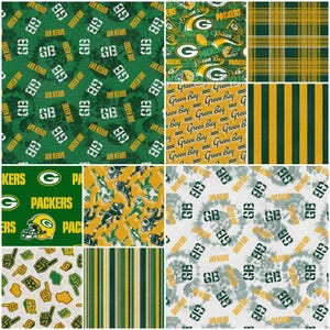 May include: A collection of Green Bay Packers themed fabric patterns featuring various designs including the team logo, football helmets, players in action, vertical stripes, plaid, and the text Green Bay and GB in green, gold, and white color schemes.