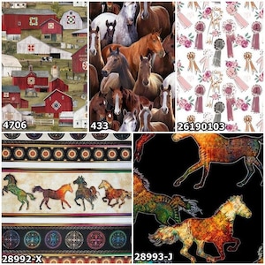 Horse Show Farm, Barns, Mustangs, Ponies, Ribbons 100% Cotton Fabrics 5 Styles image 2
