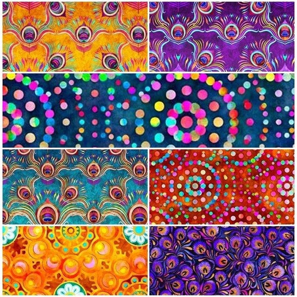 Bohemian Dreams, Geometric, Medallion, Moons, Dotted Prints, Peacock Feathers, Ombre 100% Cotton Fabric by Quilting Treasures! 7 Styles