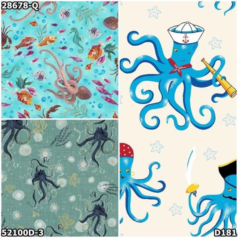 Octopus, Squid, Deep Ocean, Aquatic Animals 100% Cotton Fabric 3 Styles image 2