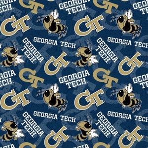 May include: A dark blue fabric pattern featuring the gold Georgia Tech GT logo, the text Georgia Tech in white, and a repeating graphic of a yellow and black mascot bee with white wings, all set against a distressed, textured background.