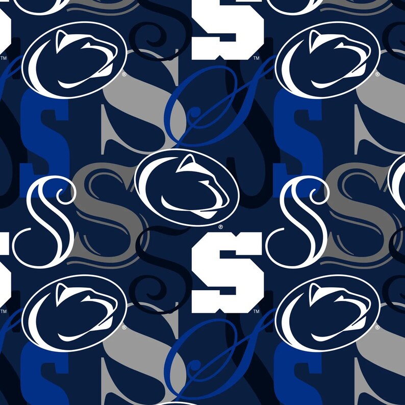 May include: A repeating pattern featuring the Penn State Nittany Lions logo and the letter "S" in white, blue, and gray on a navy blue background. The logo includes a white outline of a lion's head.