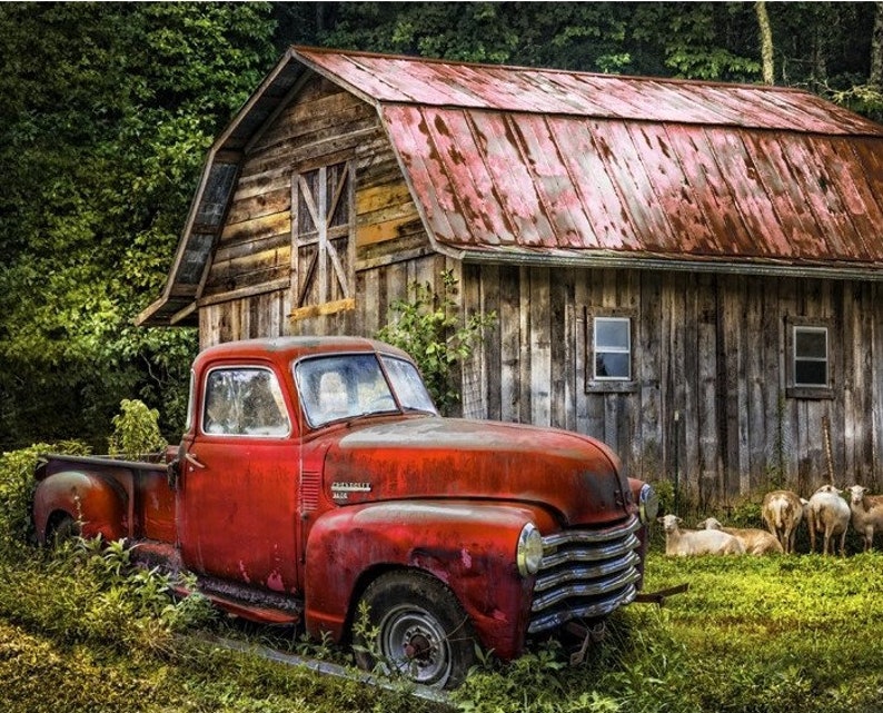 Old Vintage Trucks with Rustic Country Back Road Landscapes RED TRUCK 3716.