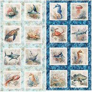 May include: A fabric panel featuring a grid of sixteen square illustrations of marine life, including a sea turtle, sharks, seahorses, a crab, a lobster, a jellyfish, and a shipwreck, set against light blue and dark blue mottled backgrounds.