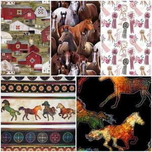 Horse Show Farm, Barns, Mustangs, Ponies, Ribbons 100% Cotton Fabrics 5 Styles image 1