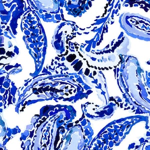 Blossoms of Blue Watercolor Flowers, Paisley, RicRac, Dots, Navy Blue White 100% Cotton Fabric Group by QT! 2 Styles