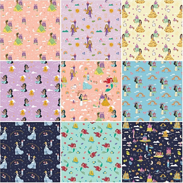 Disney Heart of a Princess Collection 100% Cotton Fabric by Camelot! Tiana, Mulan, Jasmine, Belle, Rapunzel, Cinderella, Ariel