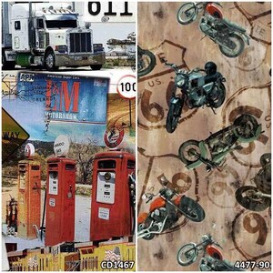 Route 66, Trucks, Autos, Motorräder 100% Baumwolle Quilting Stoffe! 2 Stile