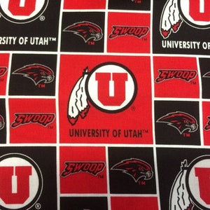 NCAA University of Utah Utes Swoop Red & Black College Logo 100% Cotton Fabric by Sykel 4 Styles 020 RED BLACK BLOCKS