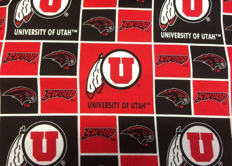 NCAA University of Utah Utes Swoop Red & Black College Logo 100% Cotton Fabric by Sykel 4 Styles 020 RED BLACK BLOCKS