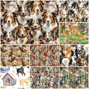 Dog Breeds 100% Cotton Fabric! Medium to Large Size Breeds, Doodles, Collies, Pit Bulls, Labradors, Retrievers! 9 Styles