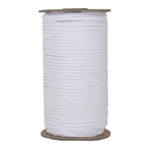 May include: A spool of white elastic cord, wound tightly on a cardboard core.
