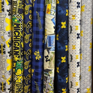 NCAA University of Michigan Wolverines Blue & Gold College Logo 100% Cotton Fabric by Sykel! 14 Styles