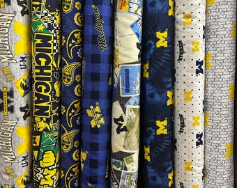 NCAA University of Michigan Wolverines Blue & Gold College Logo 100% Cotton Fabric by Sykel! 14 Styles