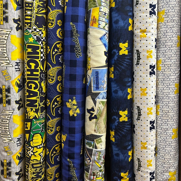 NCAA University of Michigan Wolverines Blue & Gold College Logo 100% Cotton Fabric by Sykel! 14 Styles